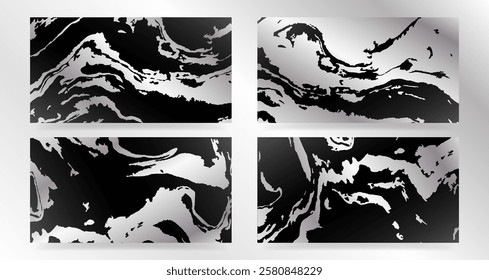Modern abstract cover design set. Backgrounds with black and silver marble texture. Vector illustrations for invitation, card, cover, poster, brochure.