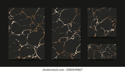 Modern abstract cover design set. Backgrounds with golden cracks texture. Vector illustrations of different formats for invitation, card, cover, poster, brochure, post.