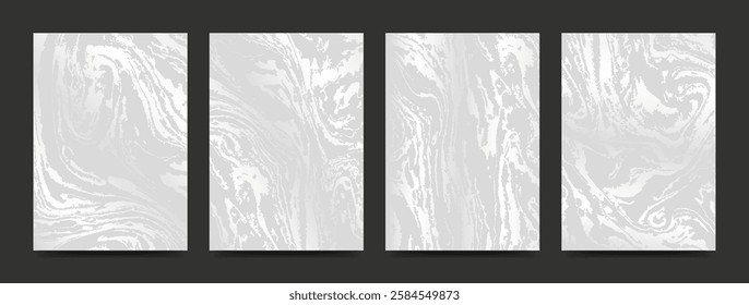 Modern abstract cover design set. Backgrounds with silver marble texture. Vector illustrations in A4 size for invitation, card, cover, poster, brochure.