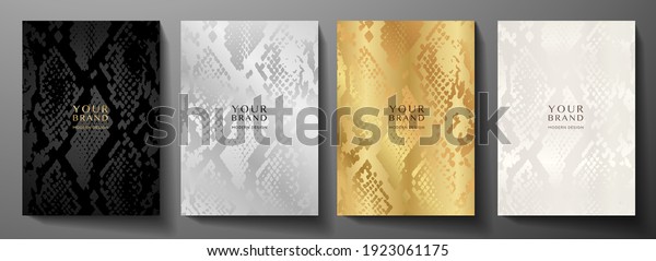 Modern abstract\
cover design set. Luxury black, gold, silver background with animal\
print (snake skin pattern). Premium vector collection for brochure,\
notebook template, menu