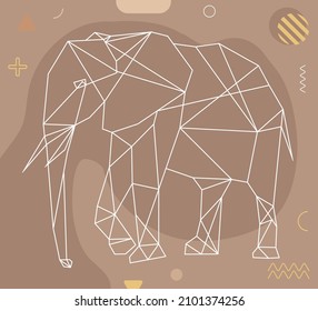 Modern abstract cover with polygonal elephant. Futuristic animal design on background with Memphis elements. Template for poster, cover, for printing on clothes. Stock vector illustration.