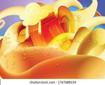 Modern abstract covers with beer mug floating among yellow blend gradient shape composition. Futuristic design. Eps10 vector. Alcoholic drinks concept for poster, flyer, banners.