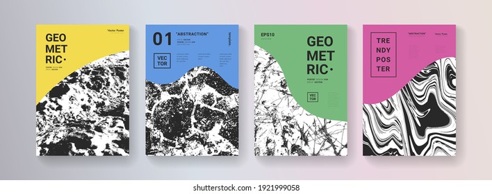 Modern abstract covers. Cool geometric shapes com,position. Grunge textures. Mountains illustration. 