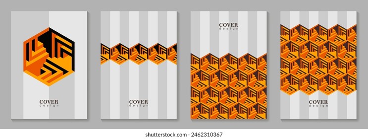 Cubiertas abstractas modernas establecidas con fondo geométrico 3D para el diseño de la cubierta, folleto, catálogo, diseño de menú, medios sociales, folleto, tarjetas, póster. Colorida Ilustración vectorial de arte con ilusiones ópticas