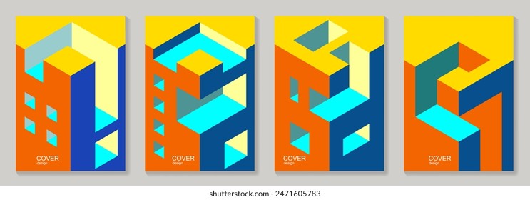 Modern abstract covers set with 3D geometric colorful  background for cover design, brochure, catalog, menu design, social media, flyer, cards, poster. Op art vector illustration with optical illusion