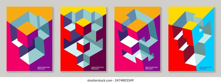 Modern abstract covers set with 3D geometric colorful background for cover design, brochure, catalog, menu design, social media, flyer, cards, poster. Op art vector illustration with optical illusion