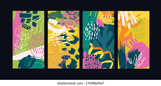 Fundas abstractas modernas. Plantilla moderna de diseño de tarjetas artísticas. Conjunto de diseños abstractos de fondo - venta de verano, contenido promocional de medios sociales. Formas coloridas y modernas.