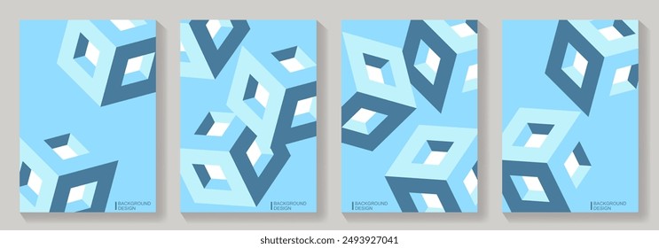 Cubiertas abstractas modernas establecidas con Formas geométricas 3D azules y fondo para el diseño de la cubierta, folleto, catálogo, diseño de menú, medios sociales, volante, tarjetas, póster. Ilustración 3D de Vector.