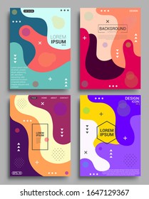 Cubiertas abstractas modernas montadas, Afiche moderno de flujo líquido de ondas coloridas. Composición de formas degradadas frescas, diseño de cubiertas vectoriales.