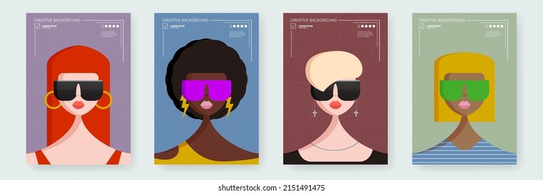 Modern abstract covers set with Abstract female face portraits, front view - redhead girl, black woman, blond and asian woman. Stylish and fashion female avatars