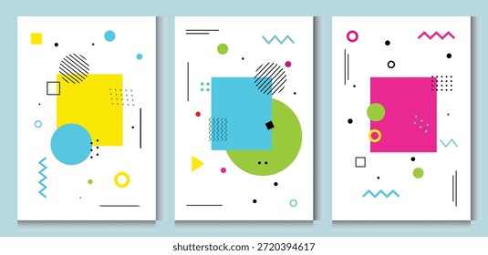 Conjunto de cubiertas abstractas modernas, patrón geométrico Abstractas de Memphis, fondo, diseño de cubiertas mínimas. Diseño moderno para el arte de la pared, volantes, folletos,