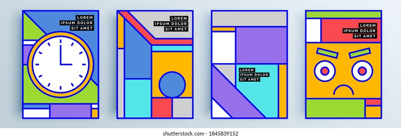 Montaje de cubiertas abstractas modernas, diseño mínimo de cubiertas. Fondo geométrico colorido, ilustración vectorial.