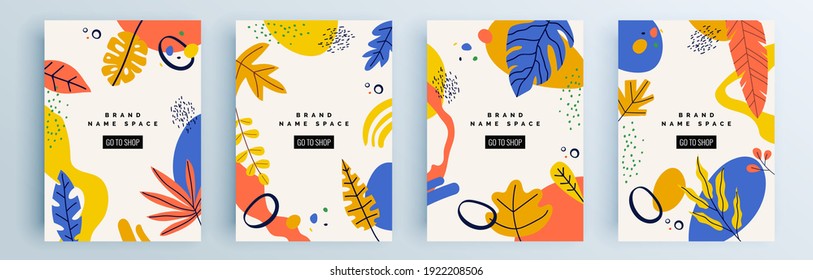 Montaje de cubiertas abstractas modernas, diseño mínimo de cubiertas. Fondo geométrico colorido, ilustración vectorial.