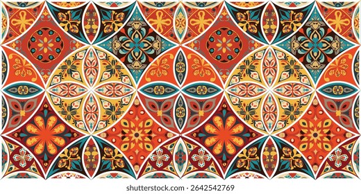 Modern, Abstract creative colorful tiles pattern design background, vector mandala pattern, background for fabric, clothes, carpet, luxury, textile, texture, illustration, ornate mosaic, floor tiles.
