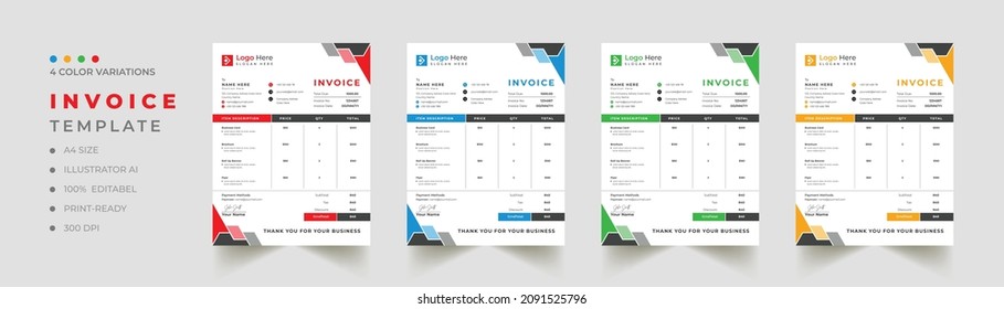 Modern Abstract Creative Professional Invoice template with 4 color variation