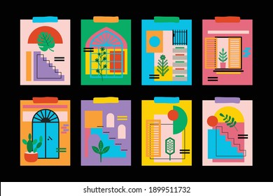 Modern abstract and creative windows, stairs, doors, and flowers decoration note cards templates set on black background
