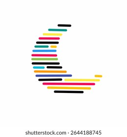 Lua crescente abstrata moderna feita de linhas horizontais coloridas sobre fundo branco. Design minimalista perfeito para temas tecnológicos, criativos ou do Ramadã.
