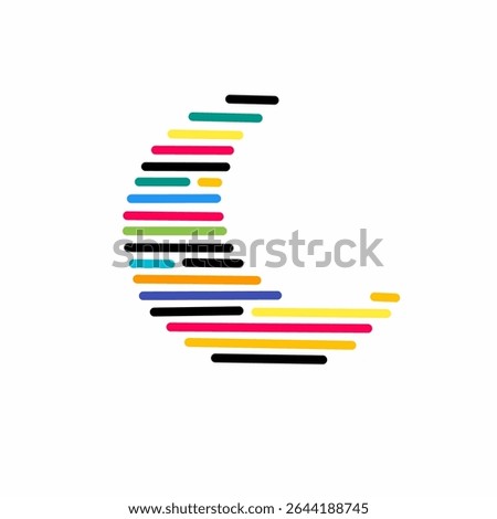 Modern abstract crescent moon made of colorful horizontal lines on white background. Minimalist design perfect for tech, creative, or Ramadan themes.