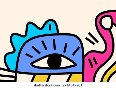 Modern abstract cubism illustration featuring a stylized expressive eye and symbolic shapes with bold outlines