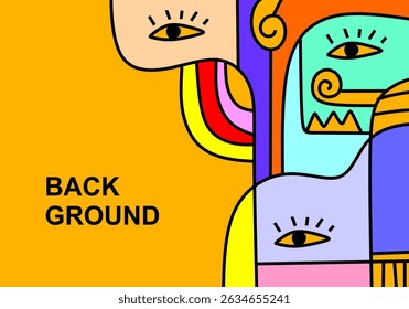 A modern abstract cubist illustration featuring stylized human faces with expressive eyes