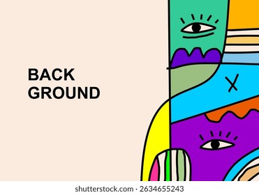 A modern abstract cubist illustration featuring stylized human faces with expressive eyes