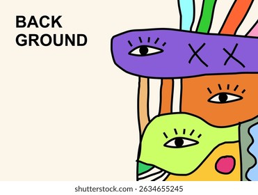 A modern abstract cubist illustration featuring stylized human faces with expressive eyes