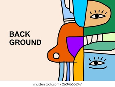 A modern abstract cubist illustration featuring stylized human faces with expressive eyes