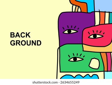 A modern abstract cubist illustration featuring stylized human faces with expressive eyes