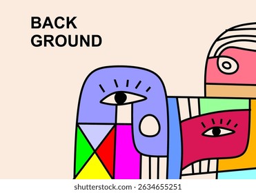 A modern abstract cubist illustration featuring stylized human faces with expressive eyes
