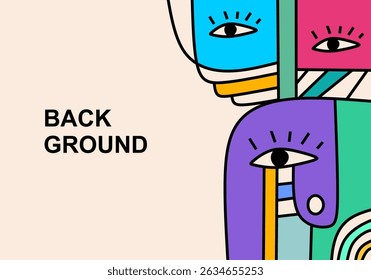 A modern abstract cubist illustration featuring stylized human faces with expressive eyes
