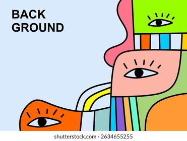 A modern abstract cubist illustration featuring stylized human faces with expressive eyes