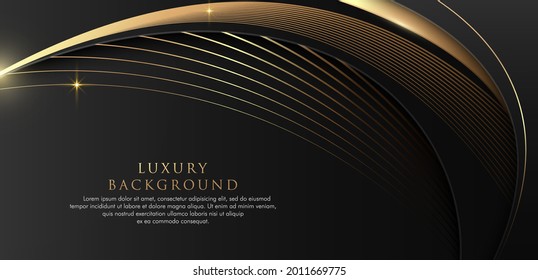 Modern abstract curve geometric shape on black background. Shiny glitter golden lines composition. Luxury and elegant style template graphic. Simple overlapping curve geometric design.