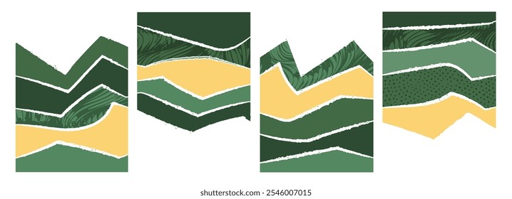 Moderno abstrato recorte colagem ilustração de vinhedo rural, campo verde agri, vista montanha. Design de padrão geométrico com textura, agricultura eco-friendly, layout de vista aérea plana, modelo agro