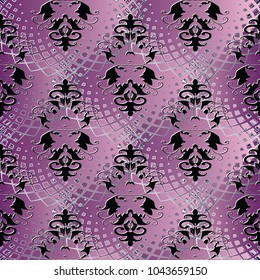 Modern abstract damask seamless pattern. Violet pink tiled background wallpaper with lattice, lace, circles, shapes. Vintage black flowers, leaves, swirls. Luxury design with shadows and highlights.