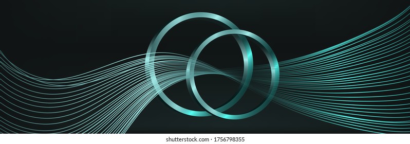 
Modern abstract dark background with a blue wave of lines. Imitation of a sound wave. two light blue rings with sparkle. vector illustration. Suitable as wallpaper background, cover, template.