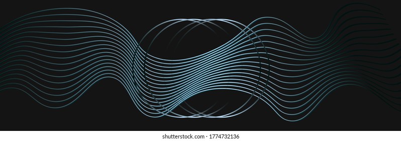 Modern abstract dark background with a blue wave of lines. Imitation of a sound wave. two blue rings with sparkle. vector illustration. Suitable as wallpaper background, cover, template.