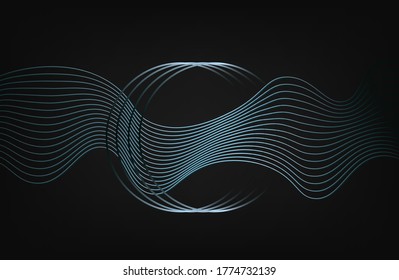 Modern abstract dark background with a blue wave of lines. Imitation of a sound wave. two blue rings with sparkle. vector illustration. Suitable as wallpaper background, cover, template.