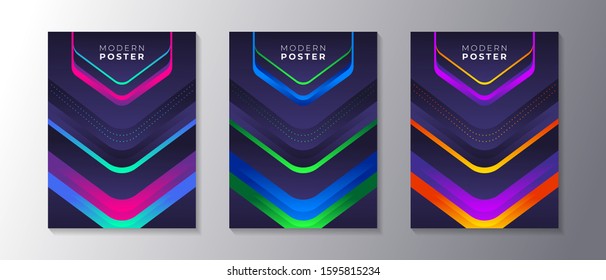Modern Abstract Dark Background Cover set with glowing neon shape, applicable for poster, flyer, banner, magazine, etc