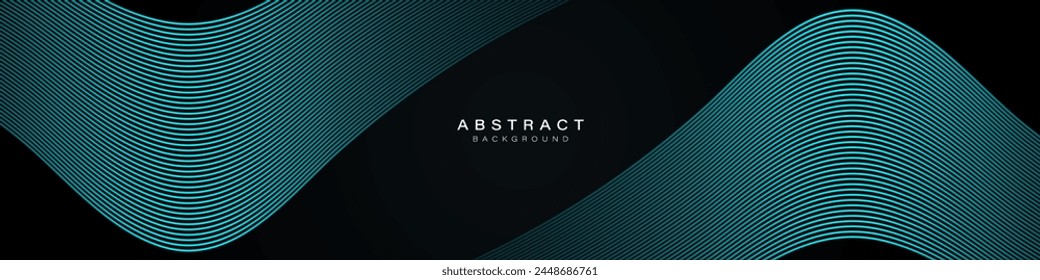 Fondo oscuro abstracto moderno con líneas curvas brillantes. Patrón de líneas de onda turquesa brillante. Elegante Plantilla Horizontal. Concepto de tecnología futurista. Ilustración vectorial