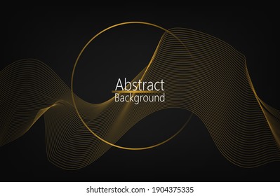Modern abstract dark background with a golden wave of lines. Imitation of a sound wave.  golden ring. vector illustration. Suitable as wallpaper background, cover, template