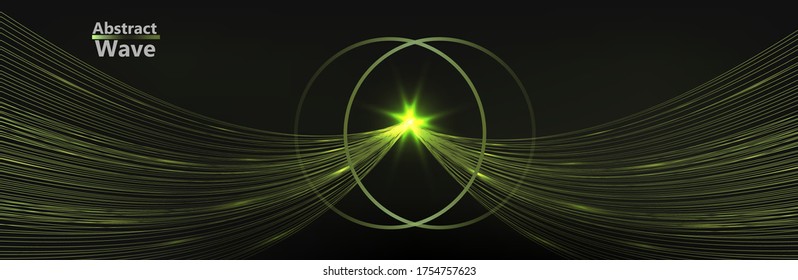 Moderner abstrakter dunkler Hintergrund mit 
hellgrüne Farbwelle von Linien. Imitation einer Schallwelle. zwei hellgrüne Farbringe mit Funkeln. Vektorgrafik. Geeignet als Hintergrund.