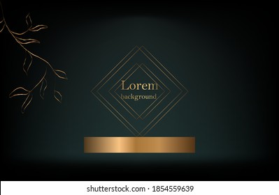 modern abstract dark background with podium and golden squares. Golden branch on a dark background. vector illustration
