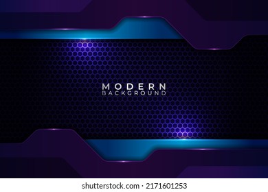 Resumen moderno Fondo oscuro Premium Realista Brillante Púrpura y Azul sobre patrón hexagonal