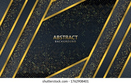 Modern abstract dark background vector. Elegant shape design with golden line. Texture with golden glitters dots element decoration.