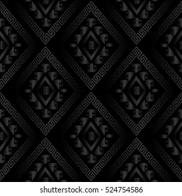 Modern abstract dark black geometric vector seamless pattern background wallpaper with vintage black 3d  greek key,circles,squares,rhombus and geometric ornaments. 