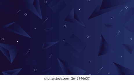 Modern abstract dark blue background featuring 3D pyramids cubes and floating shapes, perfect for technology, digital art, and elegant creative designs.