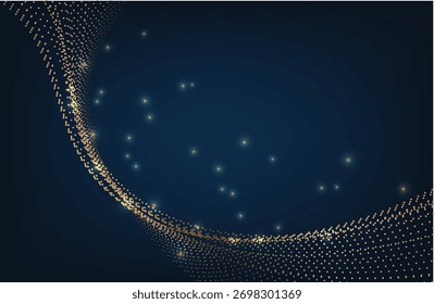 Fondo azul oscuro abstracto moderno con una ola de líneas doradas. Imitación de una onda de sonido. marco dorado. Ilustración vectorial. Adecuado como fondo de Fondo de pantalla, cubierta, Plantilla