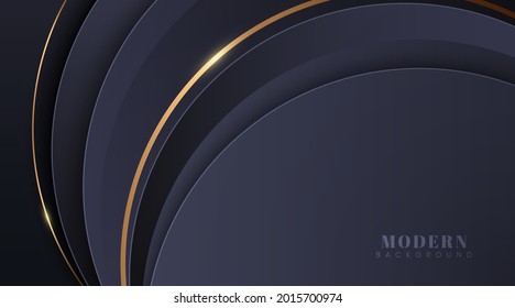 Modern abstract dark blue curve shape on dark background with golden lines. Overlay curved shapes layers element. Luxury and elegant decoration. Trendy simple geometric shapes graphic design.