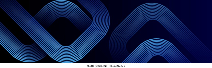 Modern abstract dark blue gradient background with glowing sky blue colour geometric rounded shapes lines. Diagonal curve lines.Dynamic shapes composition. Futuristic technology consept Luxury pattern