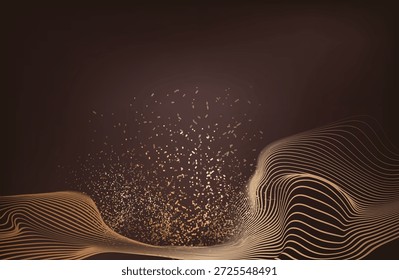 Modern abstract dark  brown  background with a golden wave of lines. Imitation of a sound wave.  vector illustration. Suitable as wallpaper background, cover, template.